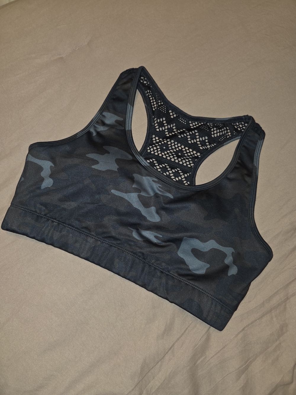 Black Camouflage Racerback Sports Bra with Lace Back